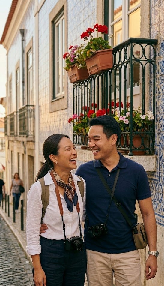 Thai travelers laughing in Lisbon's old town